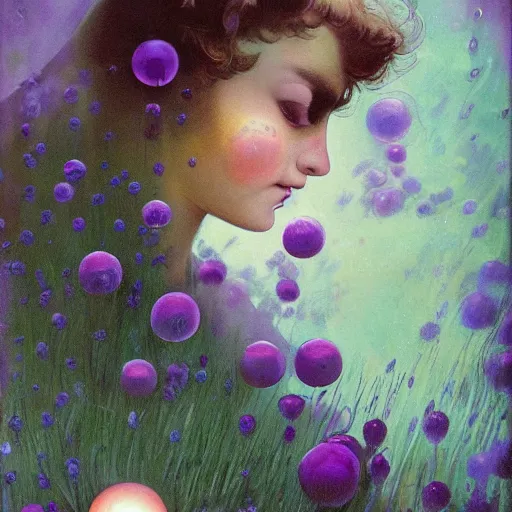 Image similar to a girl with three eyes : : on 5 translucent luminous spheres, full of floral and berry fillings, in an ocean of lavender color by frank frazetta