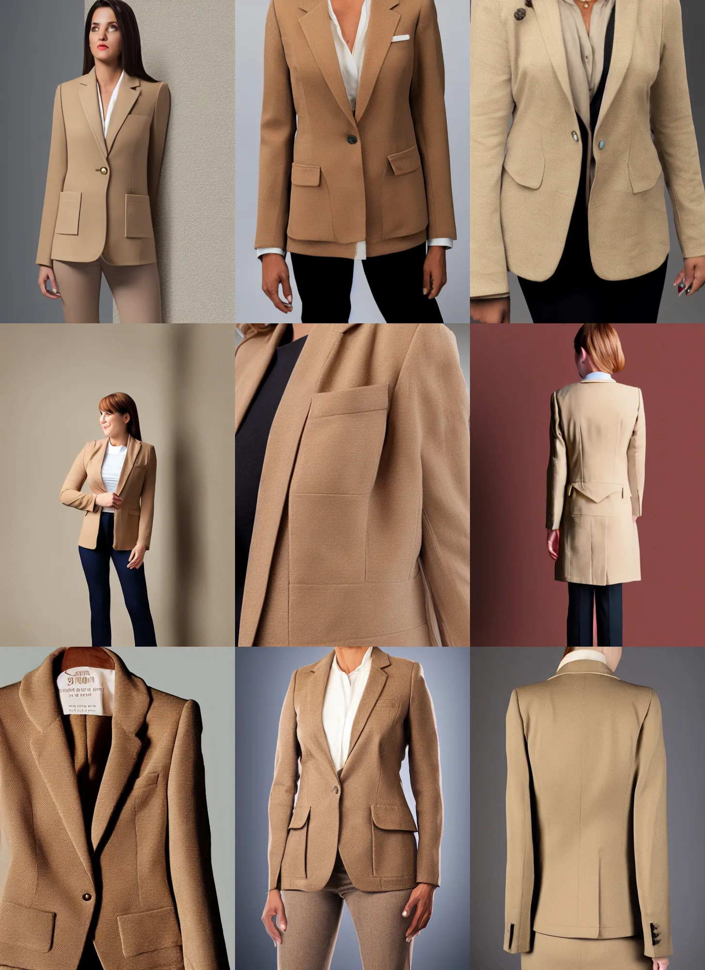 Prompt: a realistic photograph of a single woman blazer, with two front pockets, with one brown buttton, beige color scheme, 8 k