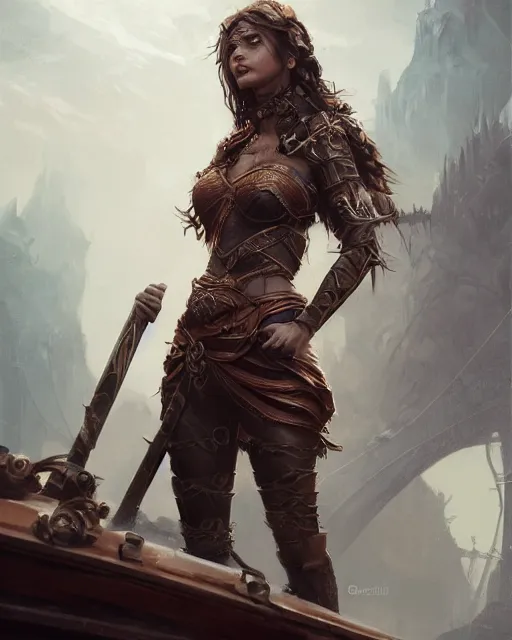 Prompt: A beautiful female warrior posing on a boat, beautiful face, highly detailed face, close-up, fantasy art, female art, in the style of greg rutkowski, illustration, epic, fantasy, intricate, hyper detailed, artstation, concept art, smooth, sharp focus, ray tracing