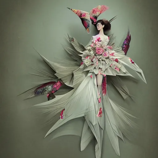 Image similar to full length fashion illustration of a beautiful girl wearing an origami dress, eye - level medium shot, fine floral ornaments in cloth and hair, hummingbirds, elegant, by eiko ishioka, givenchy, by peter mohrbacher, centered, fresh colors, origami, fashion, detailed, serene, dreamy, vogue, japanese, reallusion character creator