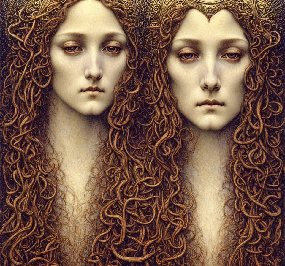 Image similar to detailed realistic beautiful young medieval queen face portrait by jean delville, gustave dore and marco mazzoni, art nouveau, symbolist, visionary, gothic, pre - raphaelite. horizontal symmetry