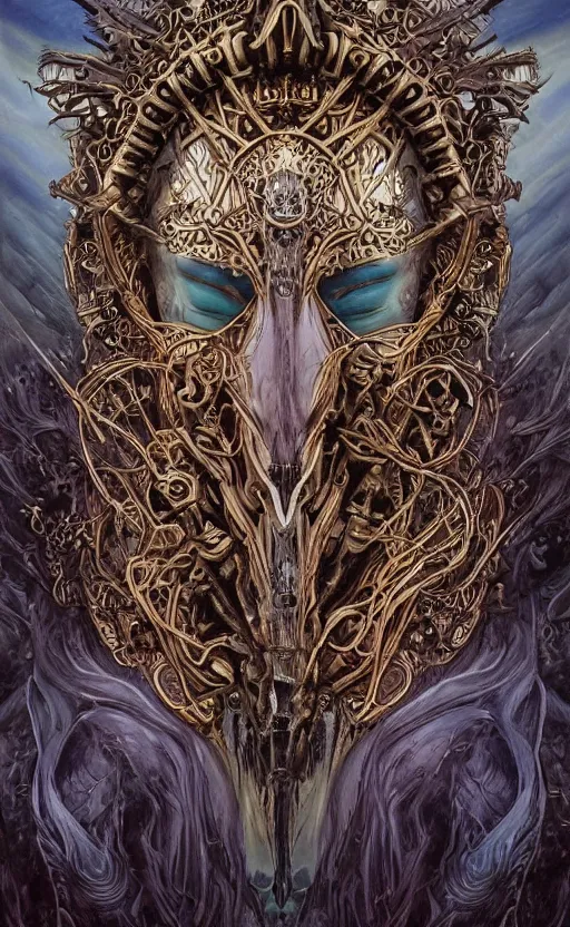 Image similar to Elden Ring themed painting of hybrid majestic aztec warrior princess fantasy biomechanical human beautiful immortal feminine angel symmetrical face angry mask closeup face breathing mask tattoo pattern golden ratio concept, deep forest psytrance Neo-Gothic concept, infinity glyph waves, intricate artwork masterpiece, very coherent artwork, cinematic, full frontal facial features by Artgerm, Takato Yamamoto, Zdizslaw Beksinski, Johnatan Wayshak, Moebius, Ayami Kojima, very anatomically coherent artwork, trending on cgsociety, ultra high quality model, production quality cinema model, high detail chromatic ink outline, octane render, unreal engine 8k, hyper realism, high detail, octane render, unreal engine, 8k, High contrast