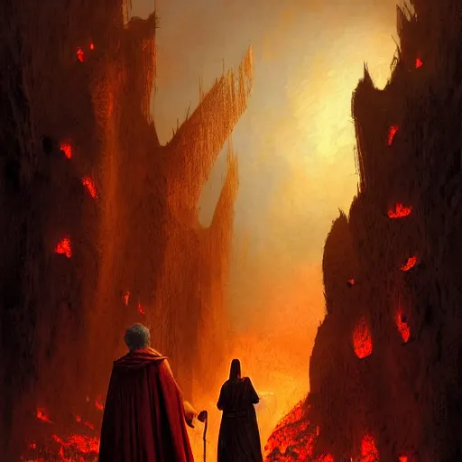 Image similar to Dante Alighieri and the poet Virgil walking through the gates of hell, by Marc Simonetti