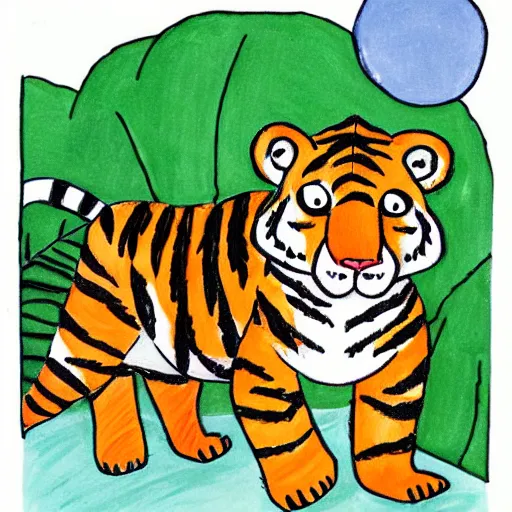 Prompt: adorable tiger illustration by art Seidel Children’s book style, jungle