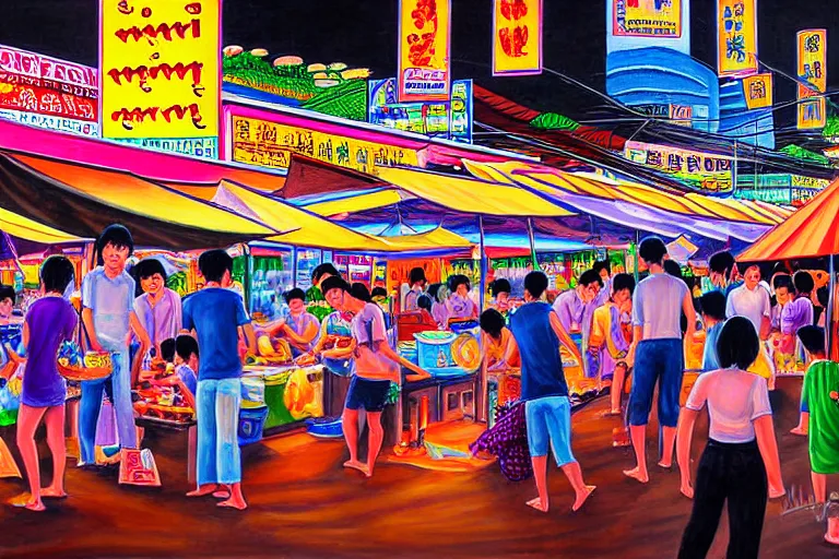 Image similar to detailed painting of Thai river night market, Bangkok, comic style, deep strokes, high quality