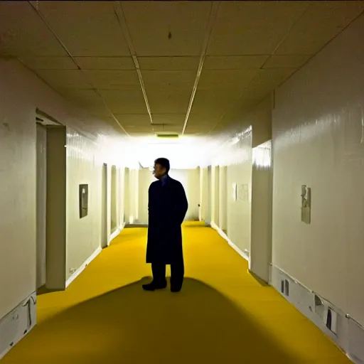 Prompt: flash low quality photograph of a male scientist wearing a lab coat standing lost in the backrooms, mono - yellow old moist carpet room, empty liminal space, very dark shadows, broken fluorescent lighting, horror movie scene, film grain