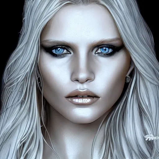 Prompt: abbey lee kershaw as emma frost, symmetrical facial features, 8 k intricate detail, detailed face, beautiful, golden ratio, art by pepe larraz, radiosity rendering,