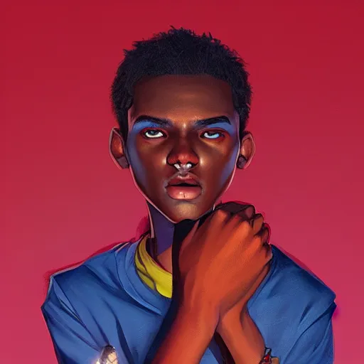 Image similar to colorful and festive captivating teenager with straight brown hair covering his eye, dark skin, big lips, big eyes, wearing a red t - shirt. rich vivid colors, ambient lighting, dynamic lighting, 4 k, atmospheric lighting, painted, intricate, highly detailed by charlie bowater