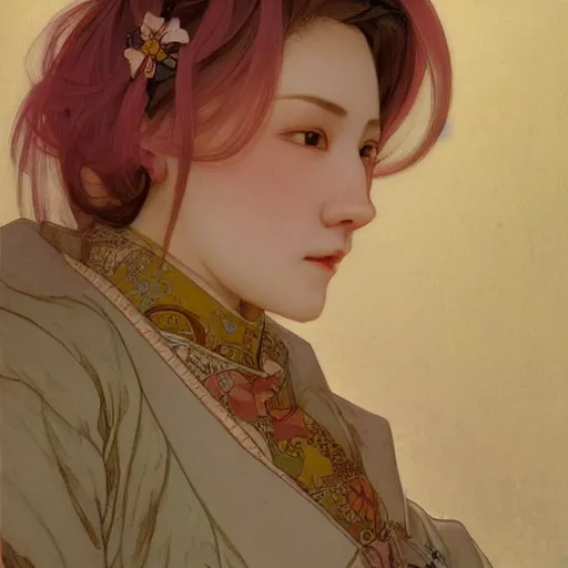 Prompt: portrait of pink short haired samurai girl with a coat and bandages on chest, by wlop and ross tran alphonse mucha