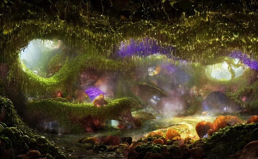 Image similar to a beautiful and stunning digital render of a humongous geode cave, dimly glowing diamonds, mushrooms, vines, haze, waterfall, volumetric lighting, photorealistic, unreal engine 5, ultra detail, trending on artstation