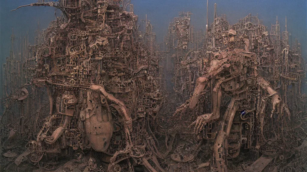 Prompt: A mechanical wasteland of large intricate constructs. Masterpiece by Zdzisław Beksiński and Adolf Lachman