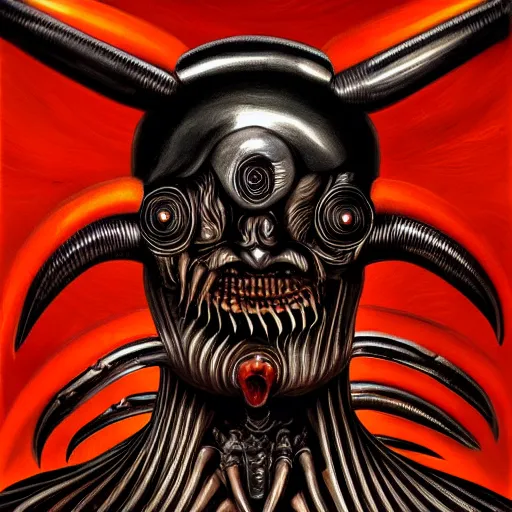 Image similar to beautiful painting of a thousand-eyes cleaver-headed muscular chef in the style of Welder Wings and H. R. Giger. Dark background, detailed, trending on Artstation