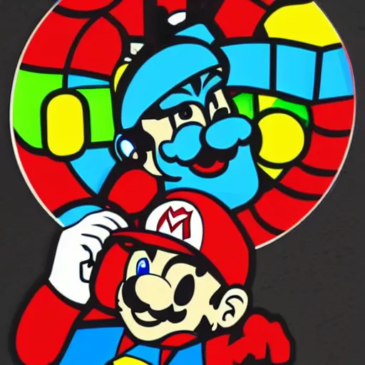 Image similar to svg sticker of a Pop-Wonder SuperMario, Mario-Wearing-a-red-hat, at a rave, spinning records, giant headphones rocking out, wearing headphones, huge speakers, dancing, rave, DJ, spinning records, digital art, amazing composition, rule-of-thirds, award-winning, trending on artstation, featured on deviantart