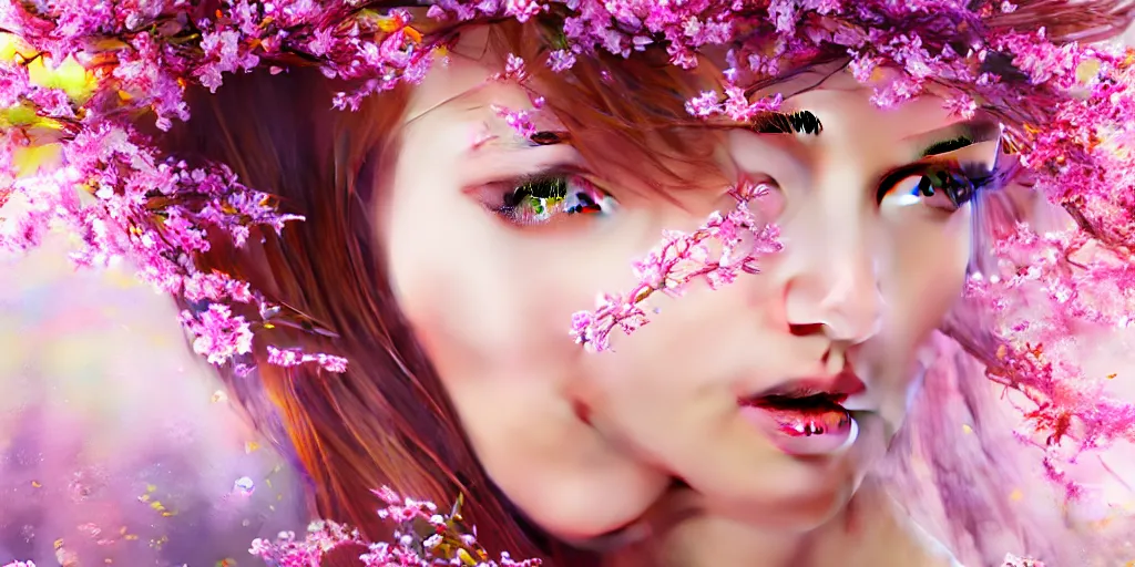 Image similar to photo of a gorgeous elfin female with fluid flowers covering her in the style of stefan kostic, realistic, half body shot, sharp focus, 8 k high definition, insanely detailed, intricate, elegant, art by stanley lau and artgerm, extreme blur cherry blossoms background