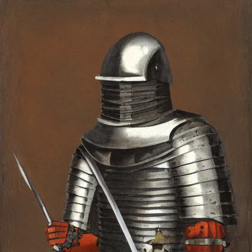 Image similar to medieval armored knight with only one arm and with a bucket on his head, painting