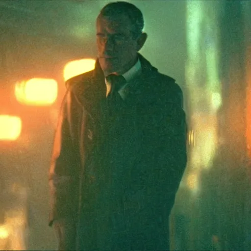 Prompt: a movie scene of george bush in blade runner, cinematic, movie, moody, epic, cyberpunk
