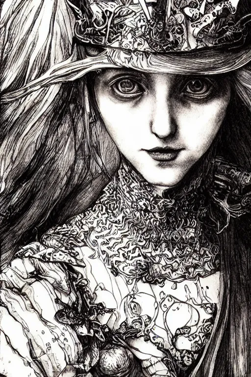 Image similar to portrait Alice in wonderland tarot card , pen and ink, intricate line drawings, by Yoshitaka Amano, Ruan Jia, Kentaro Miura, Artgerm, watercolor