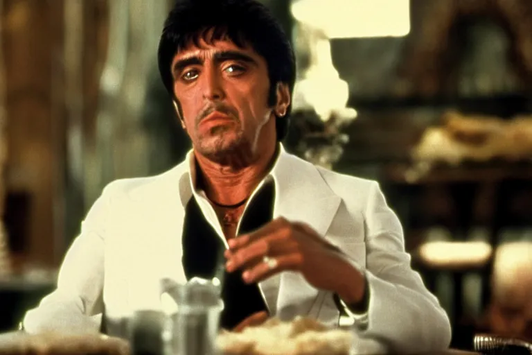 Image similar to tony montana from movie scarface 1 9 8 3 sitting behind a big black oak table with big large packages of flour. al pacino. perfect symmetric face, coherent eyes, long shot, ron cobb, fine details, cinestill, 4 k. last scene from scarface movie, bokeh
