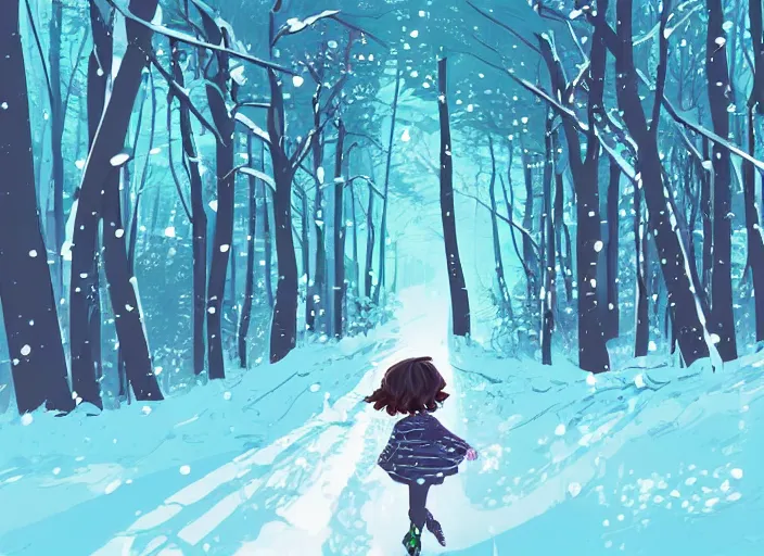 Image similar to little girl with short wavy curly light brown hair running in the snowy forest. clean cel shaded vector art. shutterstock. behance hd by lois van baarle, artgerm, helen huang, by makoto shinkai and ilya kuvshinov, rossdraws, illustration, art by ilya kuvshinov