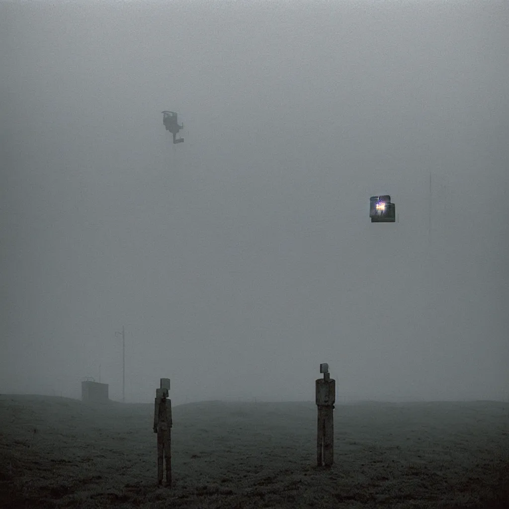 Image similar to a sole angular lanky liminal observer droid, in a brutalist yet rural landscape by simon stalenhag, 3 5 mm film photography, dawn, eerie fog