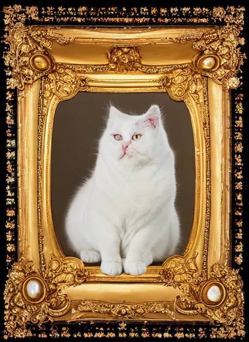 Image similar to a magnificent portrait of a cross - eyed cute fluffy fat cat on a precious embroidered velvet cushion on a neo - rococo gilded little bed with precious stones, ball of yarns all around, by pierre et gilles, photorealistic, canon r 3, photography, wide shot, symmetrical features, symmetrical pose, wide angle shot, standing pose, feet on the ground