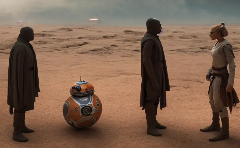 Prompt: cinematic still image screenshot portrait of luke skywalker talking to maz kanata diplomatic, dramatic scene from force awakens crisp 4 k 7 0 mm imax, moody iconic scene, octane render, beautiful backlit, planet