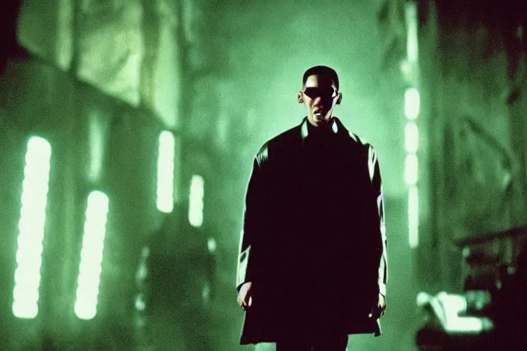 Image similar to will smith as a character from the matrix dodging bullets, cinematic, movie still, dramatic lighting, matrix code,!! by bill henson!!, green color theme, 1 6 : 9 ratio