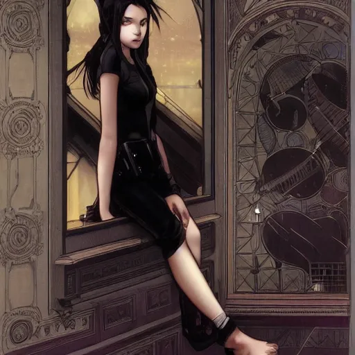 Prompt: a lonely young girl with straight long black hair wearing black dress that sitting on bathroom floor, art by artgem, greg rutkowski and alphonse mucha for capcom co, resident evil