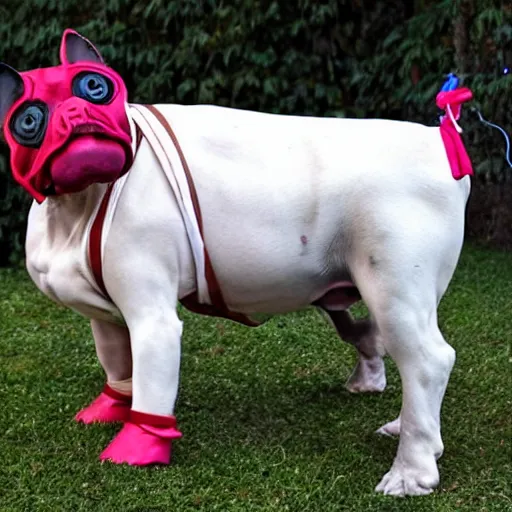 Image similar to a french bull dog dressed as eleven from stranger things