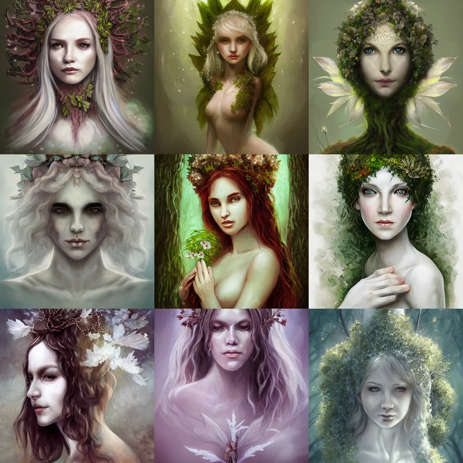 Prompt: portrait of white fae goddesss of trees, plants, fungus, nature trending on artstation