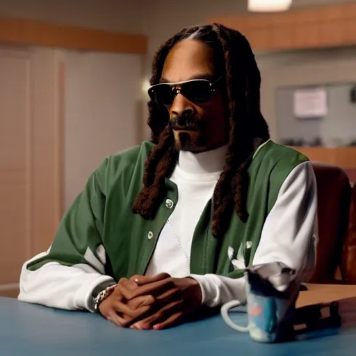 Image similar to A film still of Snoop Dogg as Eric Andre in The Eric Andre Show (2015), 40mm lens, shallow depth of field, split lighting, cinematic