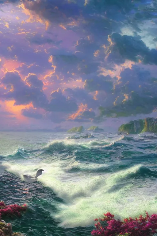 Prompt: A beautiful ultra detailed matte painting of a seascape gulls vivid colors, by thomas kinkade and james gurney , unreal engine, trending on artstation