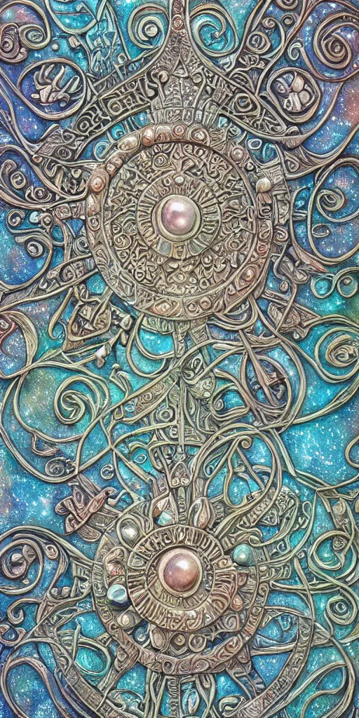 Image similar to intricate colourfully painted carved Soapstone relief paneling, pearl and pale blue toned, celestial, cosmos, galaxies, planets, divinity, moon goddess, mother earth, Earth Goddess mythology, Gaia, angels, dream atmosphere, Ghostly, crystaline celtic, insanly detailed , artstation, wallpaper, hyper realistic, realistic lighting