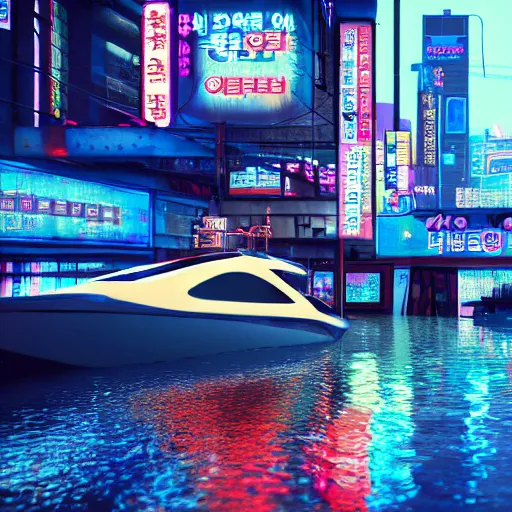Image similar to cyberpunk flooded rainy south korea, seoul, boat, reflections, cinematic lighting, photorealistic, trending on artstation, storefronts made of neon lights, hyper realistic rendering photography, unreal 5 engine render, ultra wide angle, long shot, 8 k