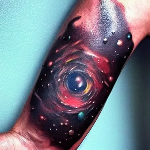 Prompt: a small black tattoo on the arm based on the universe, whole tattoo, realistic, very detailed