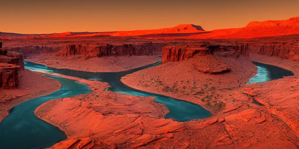 Prompt: a river bend running through a canyon surrounded by desert mountains at sunset on mars, planet mars, moab, utah, a tilt shift photo by frederic church, trending on unsplash, hudson river school, photo taken with provia, national geographic photo