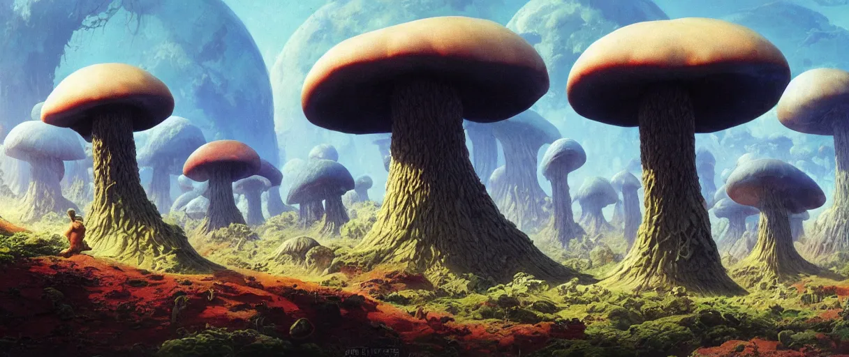 Prompt: A strange giant mushroom biome and on an alien science-fiction planet, beautiful matte painting, Moebius, frank frazetta, sid mead, james gurney, thomas kinkade, rodney mathews, trending on artstation