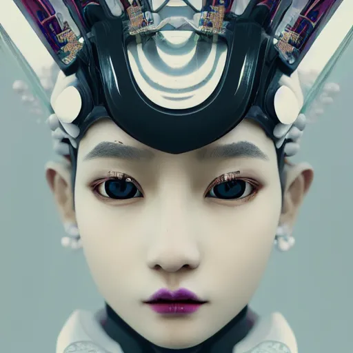 Prompt: portrait of an alien princess, style of Feng Zhu, Artstation geometric, aesthetic, smooth skin, unique features, symmetrical, intricate crown, high fashion, streetwear, cyberpunk, detailed, octane render, cinematic, 8k,