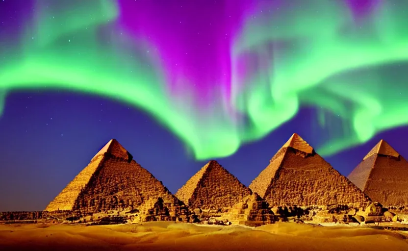 Prompt: The great pyramids with green aurora lights in the sky absolutely stunning