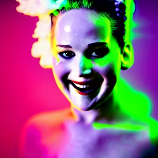 Image similar to smiling jennifer lawrence as the bride of frankenstein, macro photography, glowing retinas, fuscia cyan yellow white powder on face, national geographic