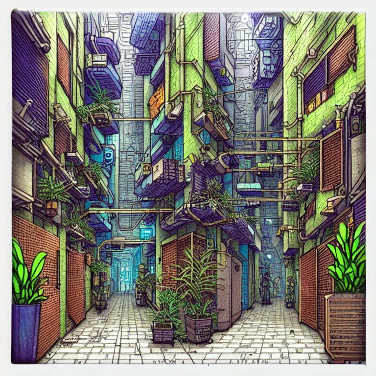 Image similar to an absurdly-detailed cyberpunk alleyway colored-pen drawing as a fancy square tile. Cats and Robots and Potted-Plants.