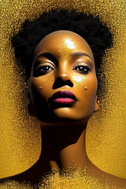 Prompt: hyperrealistic post - futurist cinematic very expressive! profile black oshun goddess, in water! up to shoulders, mirror dripping droplet!, gold flowers, highly detailed face, digital art masterpiece, smooth eric zener cam de leon, dramatic pearlescent turquoise light on one side, low angle uhd 8 k, shallow depth of field