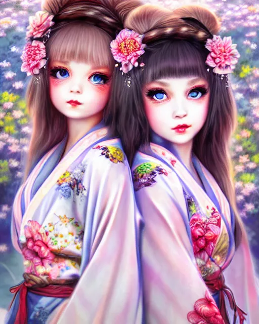 Image similar to two beautiful fashion siberian girls wear fantasy kimono in festival | | big eyes, sunny, dreamlike art, realistic shaded, smile, good looking, hyper details, 4 k realistic, cryengine, realistic shaded lighting poster by artgerm, ross tran, fuji choko, loish, 8 k resolution, trending on artstation, luxury