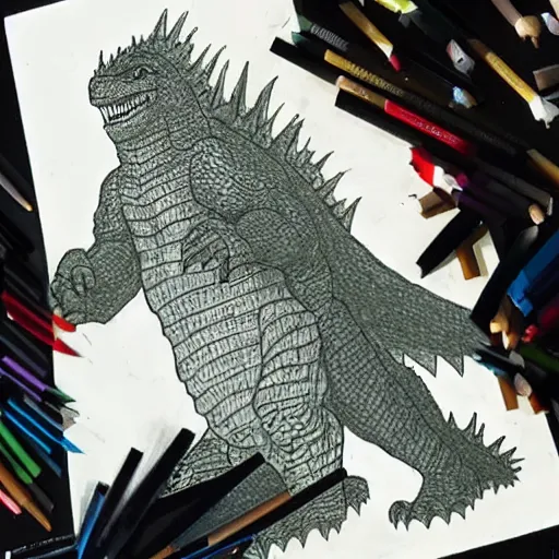 drawing of godzilla using a birthday hat, epic, | Stable Diffusion