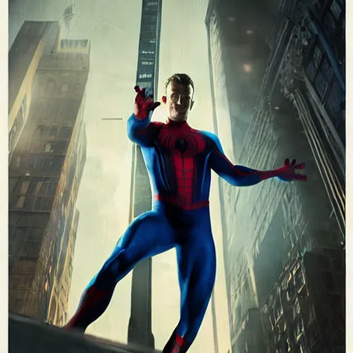 Image similar to ryan reynolds as spider - man, wearing a black and blue suit, cinematic, volumetric lighting, f 8 aperture, cinematic eastman 5 3 8 4 film, photorealistic by greg rutkowski, by stanley artgerm, by alphonse mucha