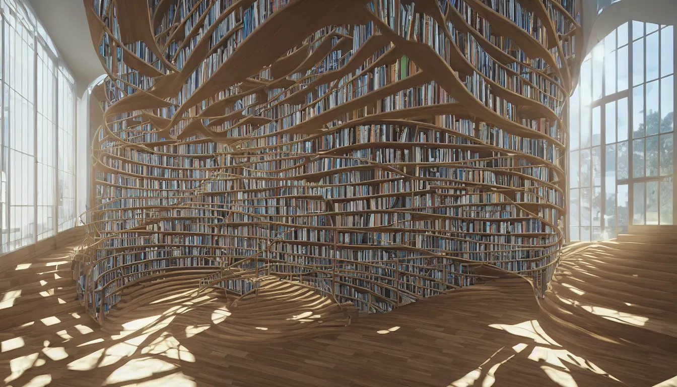 Prompt: 3 d huge hall full of windows streaming sunlight, spiralling staircase and shelves full of books, strong shadows, full colour, hyper realistic photo, unreal engine, upscale, 8 k, masterpiece,