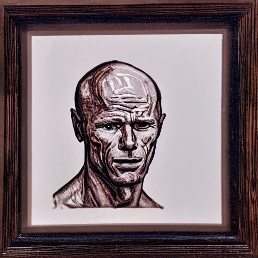 Image similar to Sgraffito art representation of Ed Harris, studio lighting, F 1.4 Kodak Portra