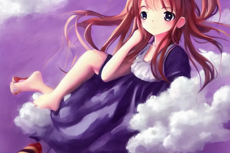 Image similar to a cute anime girl sitting on a cloud, digital painting, anime, portrait