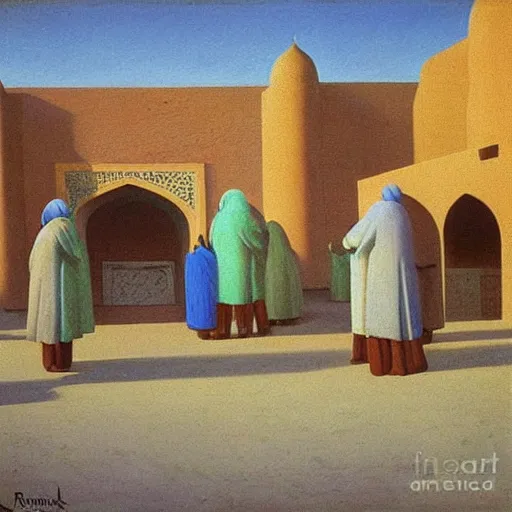 Image similar to market in old samarkand, pastel painting, by rene magritte