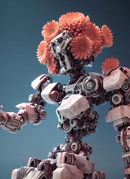 Image similar to biomechanical corals, daisies, well contoured smooth fair walls with marble mecha carrying a bottle of perfume, up close shot, sharp focus, global illumination, radiant light, alexandre ferra white mecha, irakli nadar, octane highly render, 4 k, ultra hd,